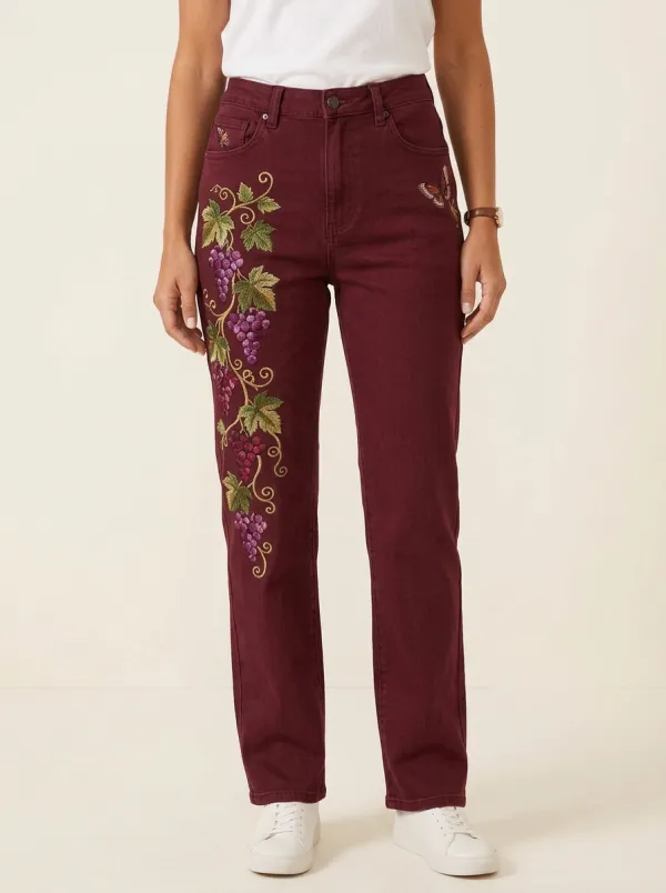 Women's Grape Vine Butterfly Embroidered Printed Straight Leg Jeans