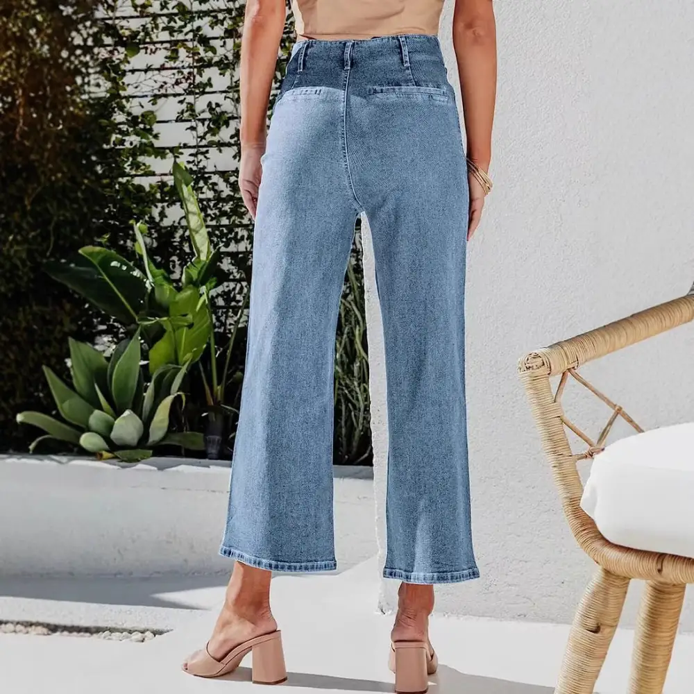 Women's High Waist Straight Leg Button Detail Jeans