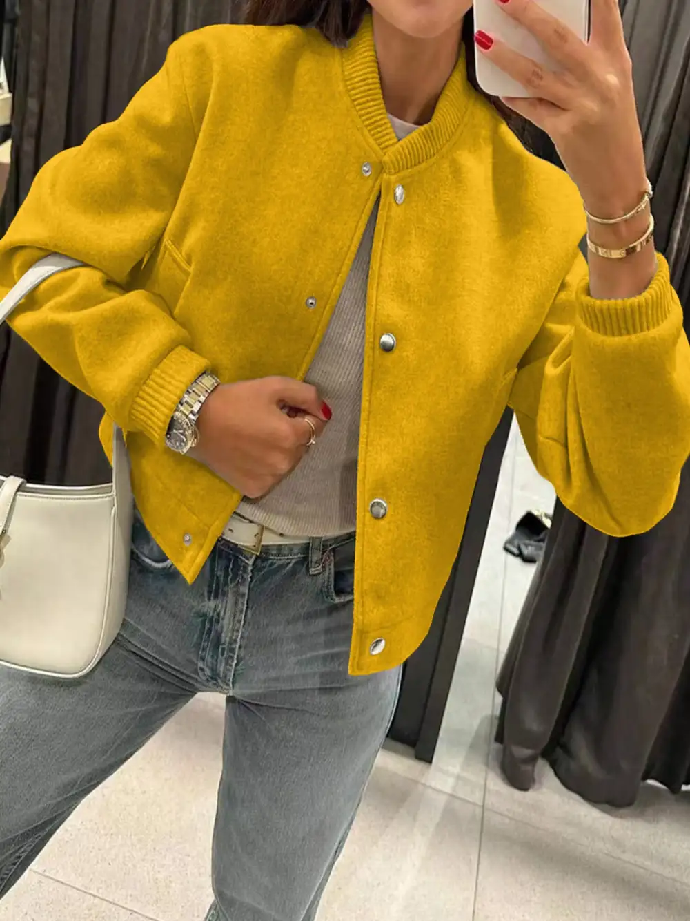 Cropped Teddy Ribbed Trim Bomber Jacket
