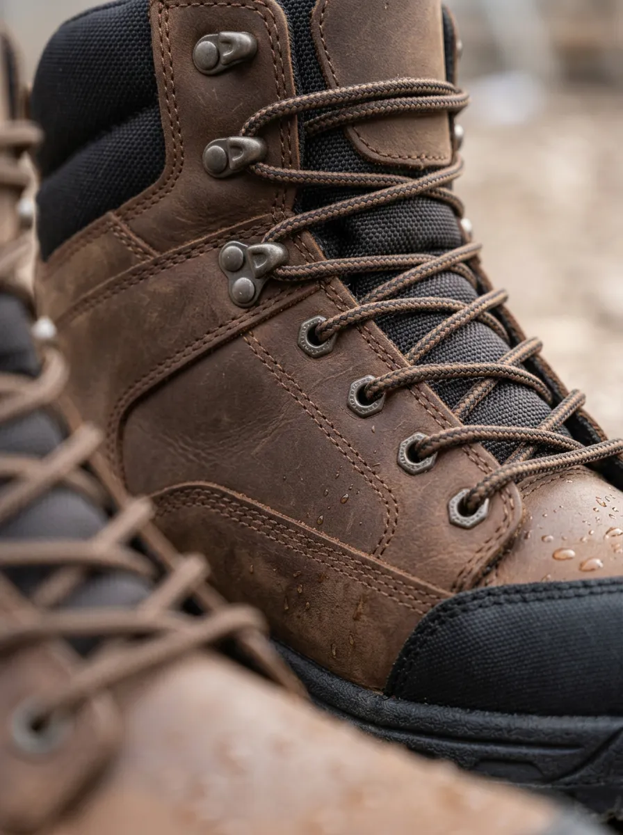 Men's Waterproof Brown Leather Construction Work Boots with Printed Detail