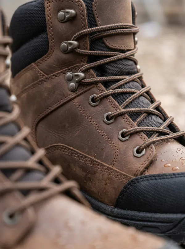 Men's Waterproof Brown Leather Construction Work Boots with Printed Detail