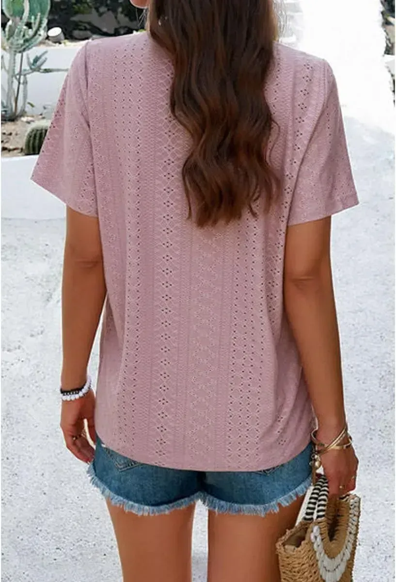 Women's Buttoned V Neck Hollow Short Sleeved T Shirt Summer Casual Fashion Solid Color Tees Tops