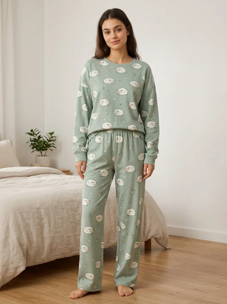 Women's Sheep and Moon Crewneck Loungewear Set