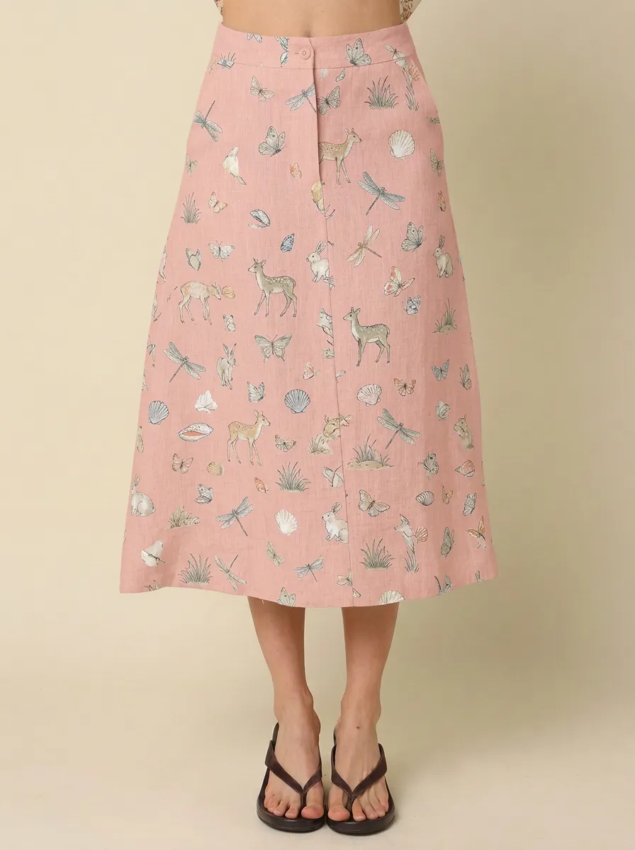 Women's Nature Lover Deer Butterfly Rabbit Printed Midi Skirt