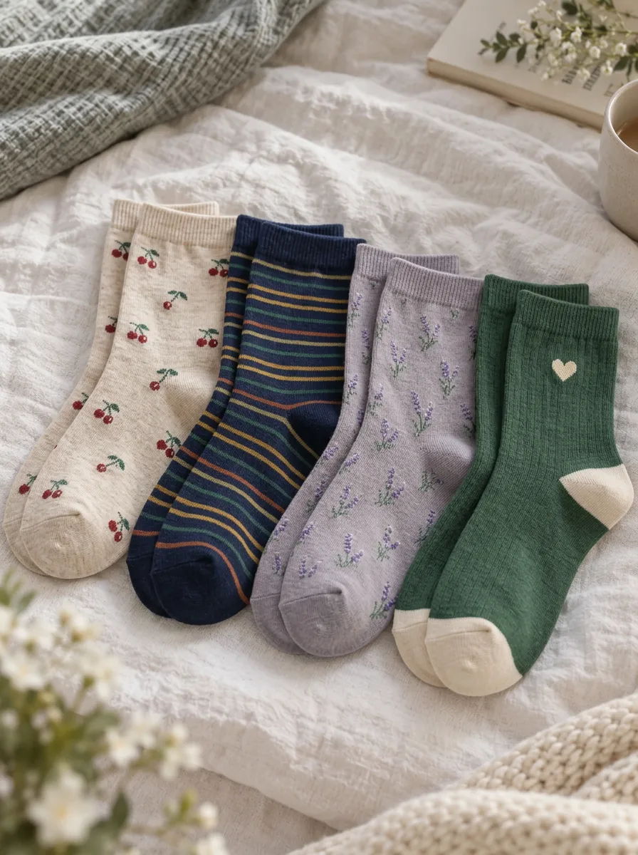 Women's Aesthetic Cherry Stripe Lavender Heart Printed Socks 4-Pack