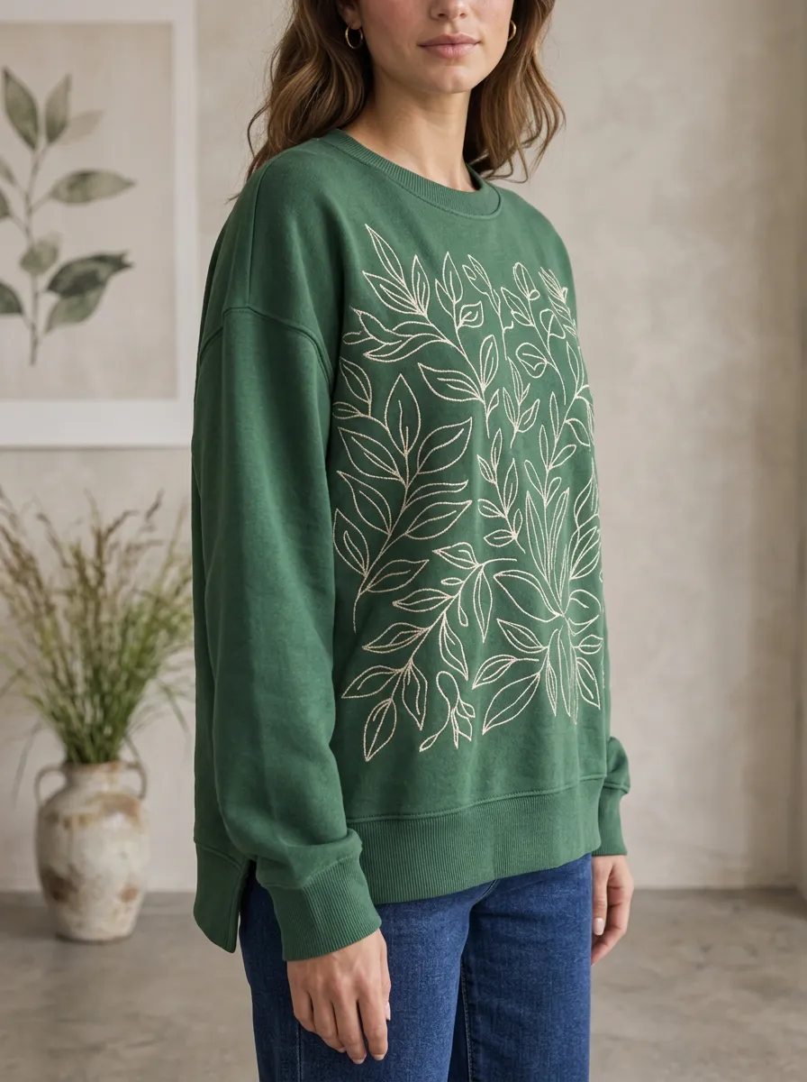 Women's Leaf Line Art Printed Crewneck Sweatshirt