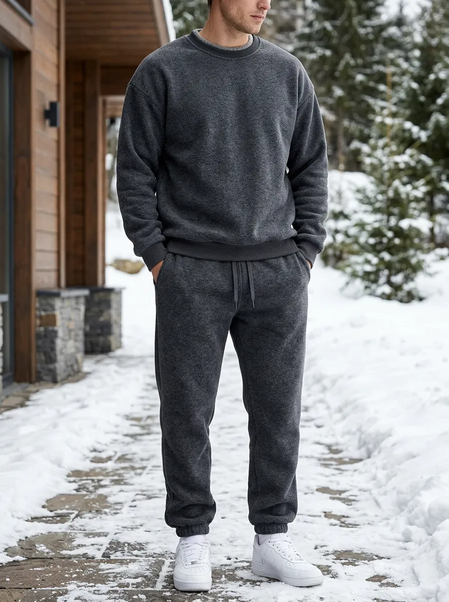 Men's Winter Fleece-Lined Sweatshirt and Jogger Set with Crewneck