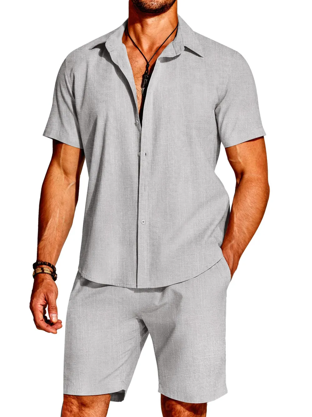 Linen Blend Short Sleeve Shirt Set