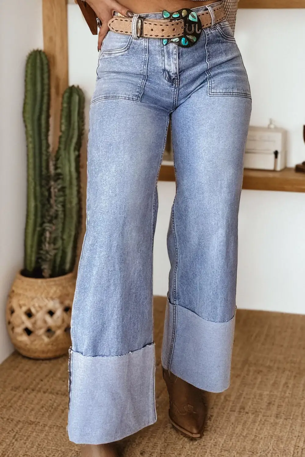 Women's Turn-up Cuffs Loose Jeans