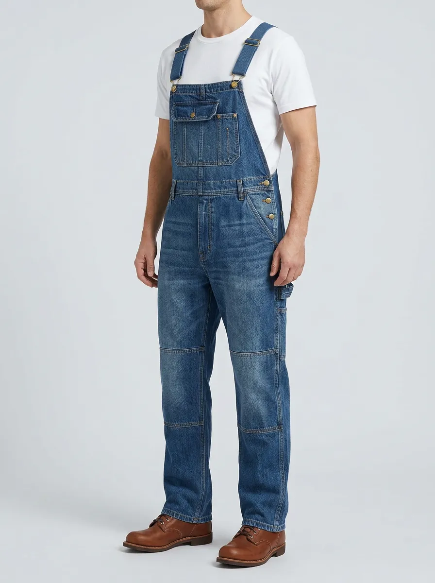 Men's Vintage Blue Denim Washed Bib Overalls