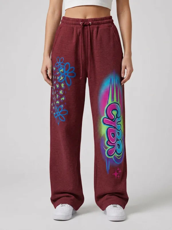 Women's Streetwear Cyber Graffiti Leopard Flower Printed Sweatpants