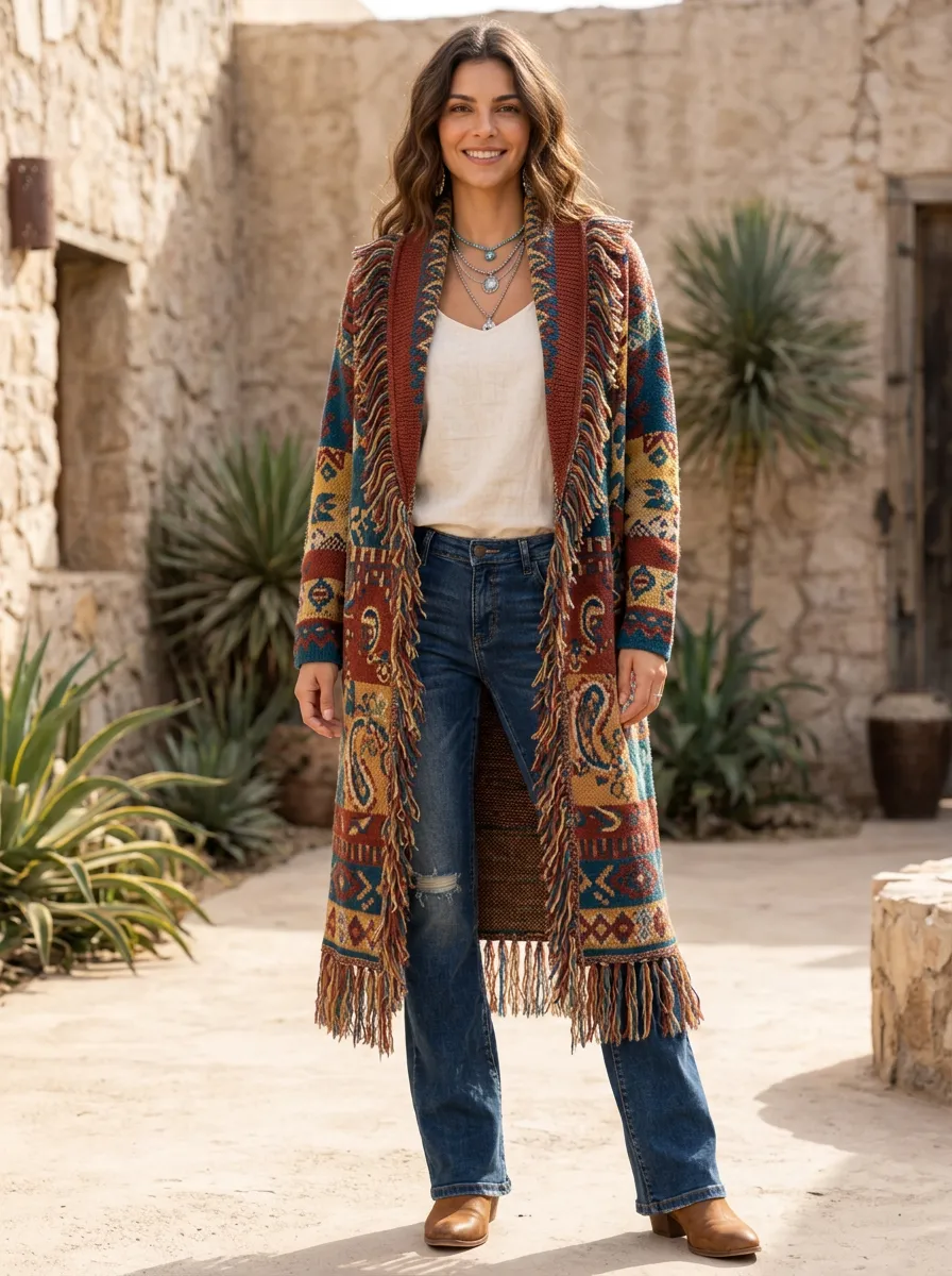 Women's Boho Western Tribal Pattern Fringe Trim Printed Cardigan