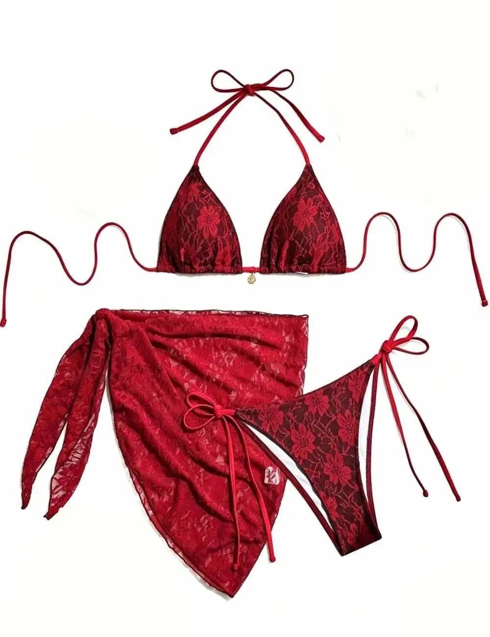 Lace Mesh Triangle Bikini Set with Sarong Set