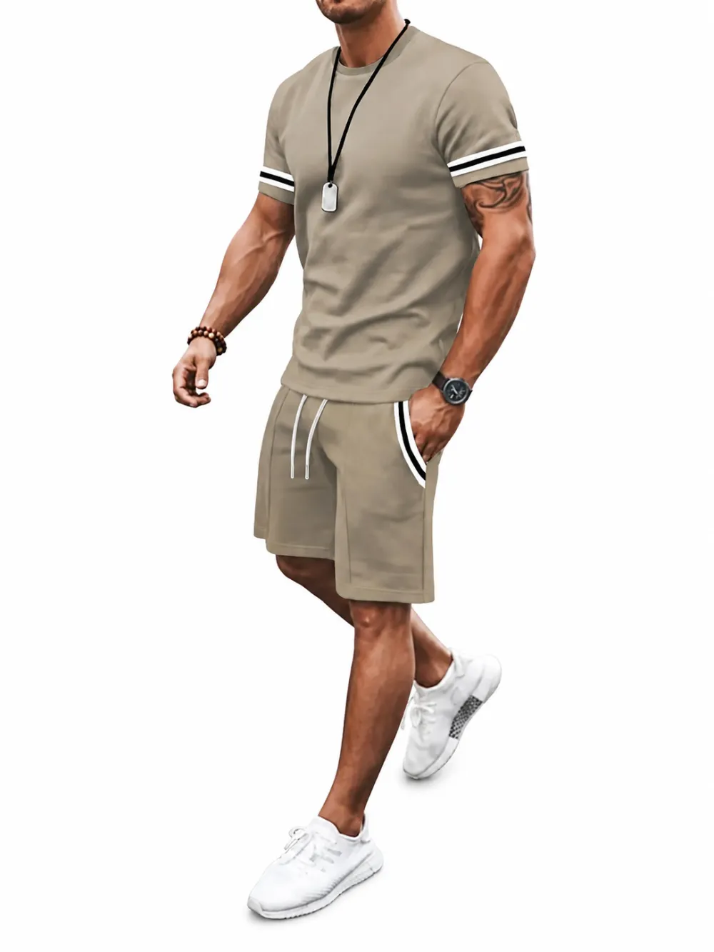 Men's Two-Piece Set: Color-Contrast Trim T-Shirt and Drawstring Shorts
