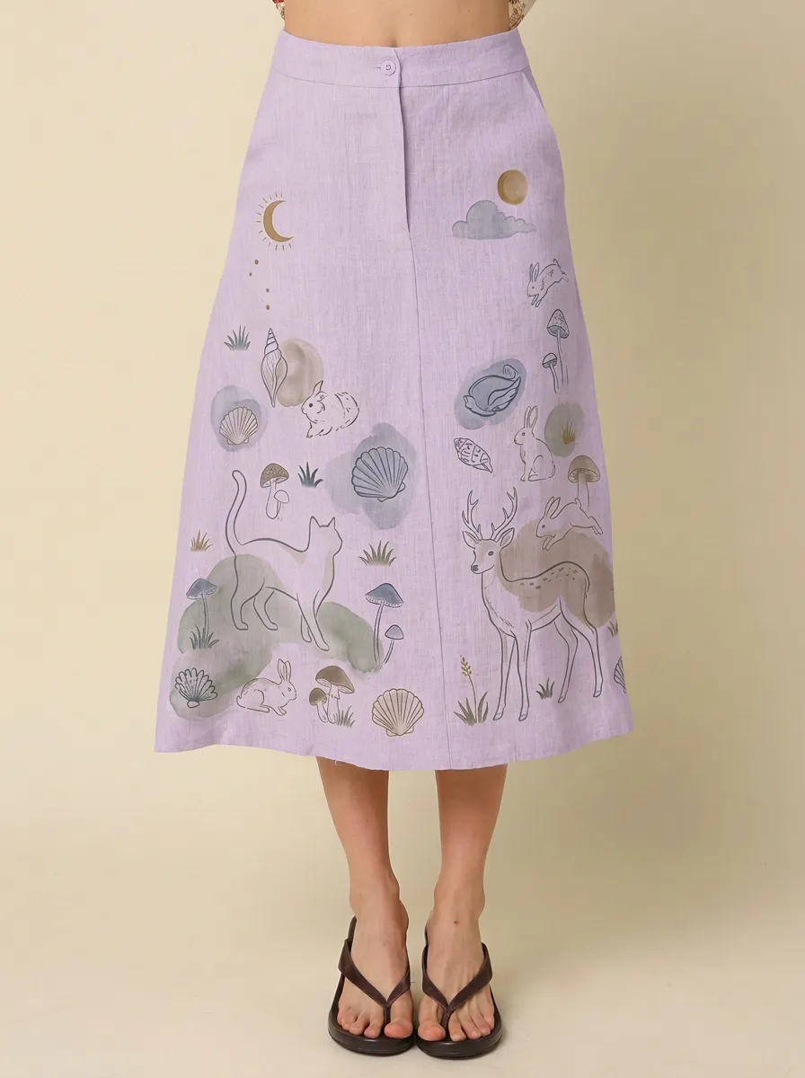 Women's Nature-Inspired Forest Animal Mushroom Printed Midi Skirt