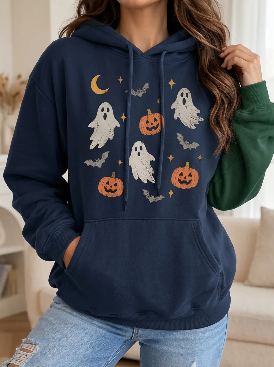 Women's Halloween Ghost Pumpkin Bat Relaxed Pullover Graphic Hoodie
