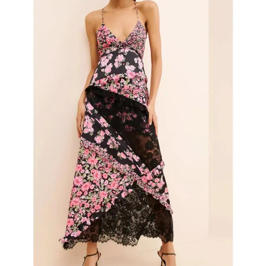 Lace Detail Ruffled Floral V Neck Maxi Dress
