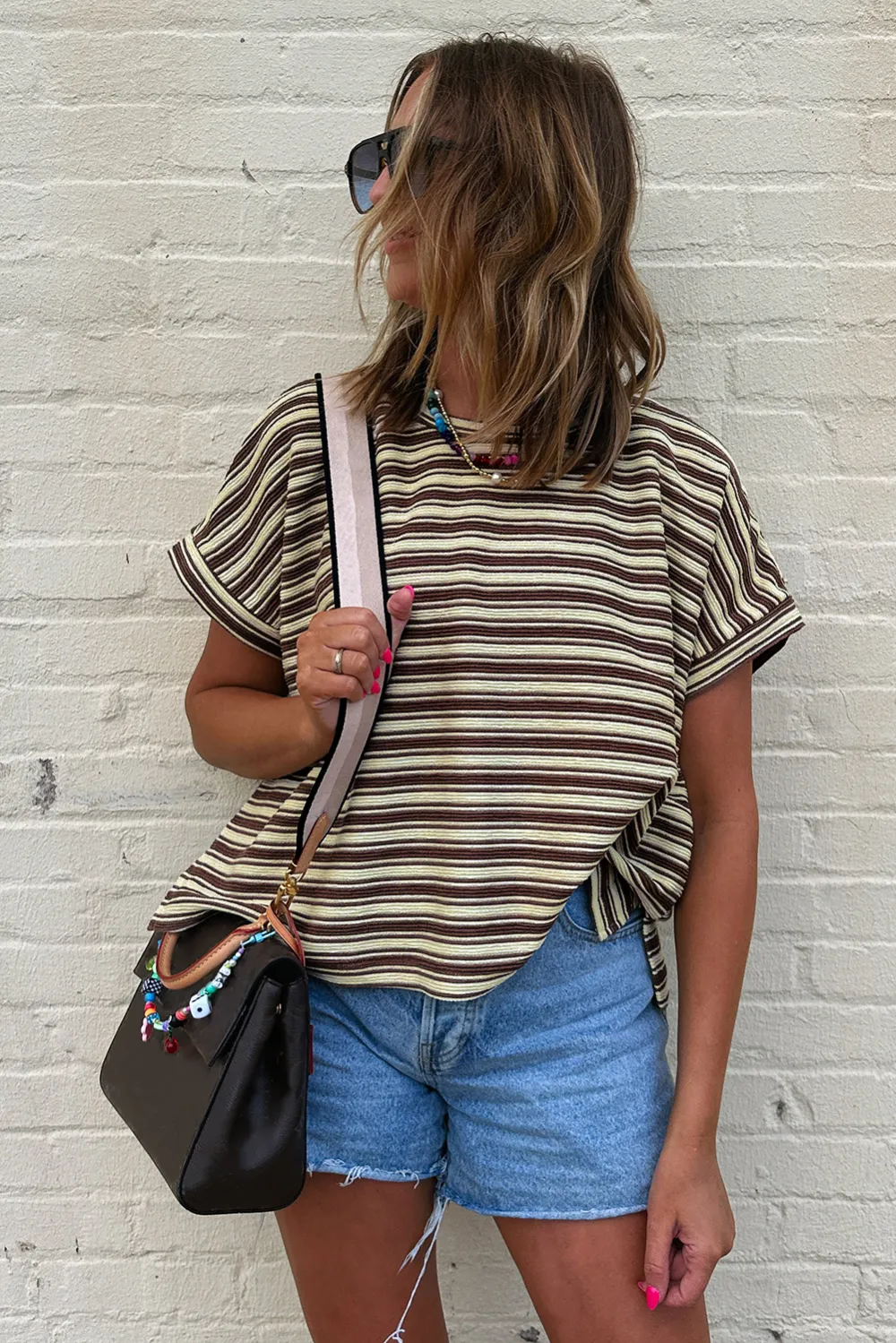 Brown Stripe Textured Side Slits Tee