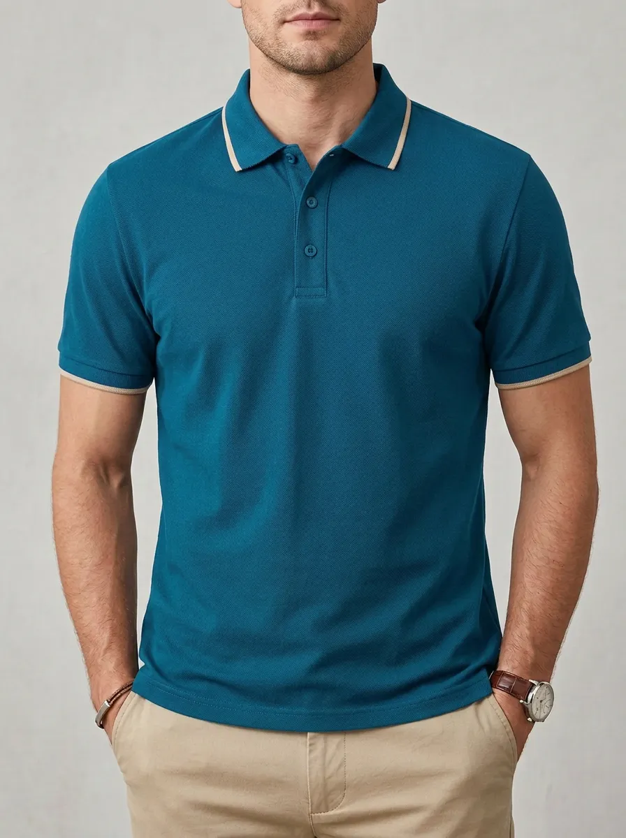 Men's Navy Blue Contrast Trim Printed Polo Shirt