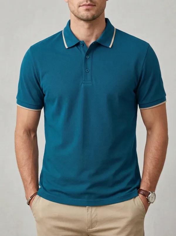 Men's Navy Blue Contrast Trim Printed Polo Shirt