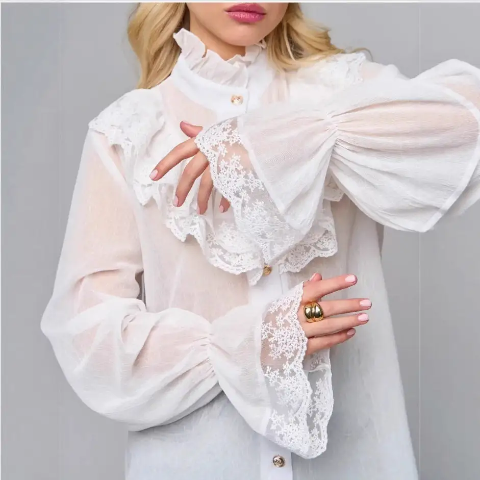 Refined Lace Trimmed Long Sleeve Shirt