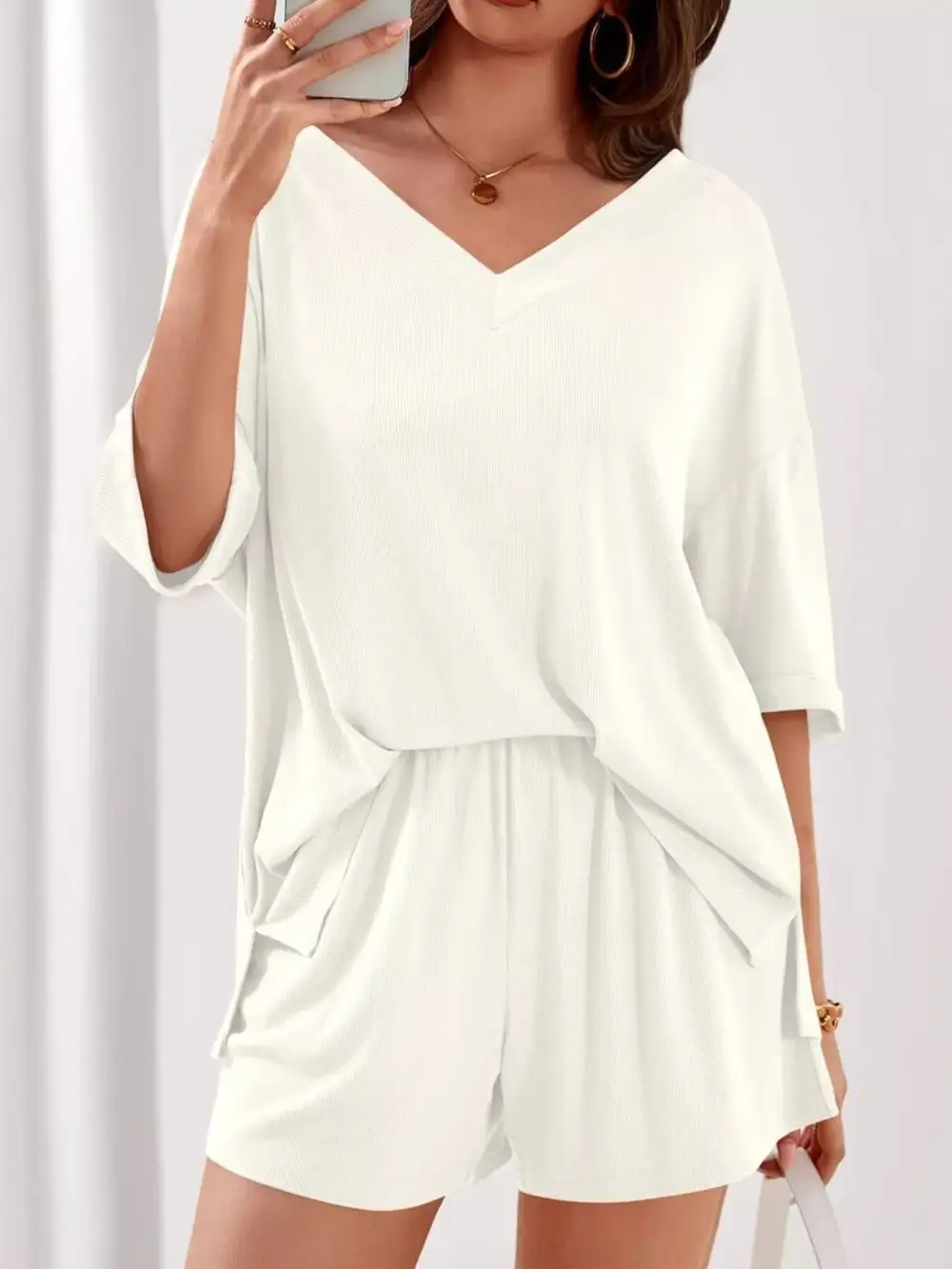 Casual Solid Color V Neck Top and Shorts Set