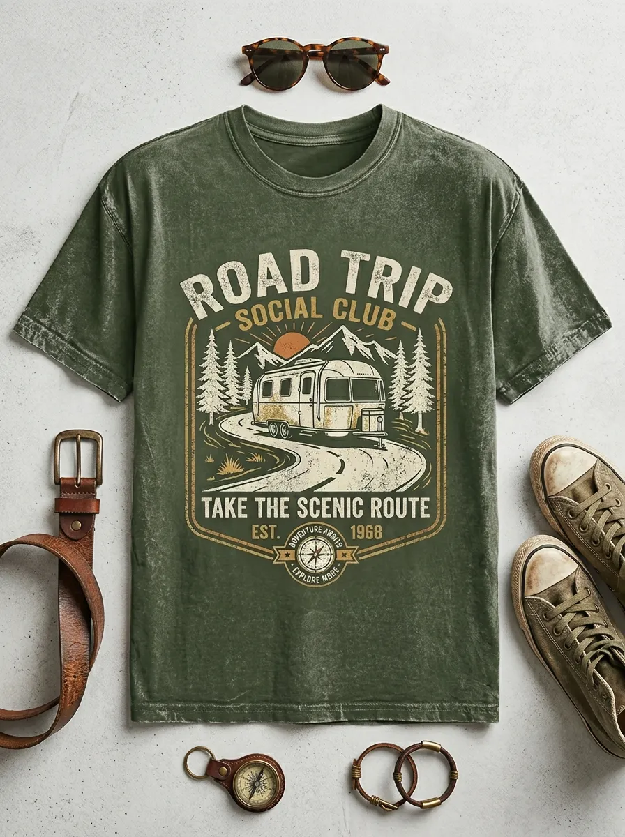 Unisex Road Trip Lover Camper Van Mountain Printed T-shirt