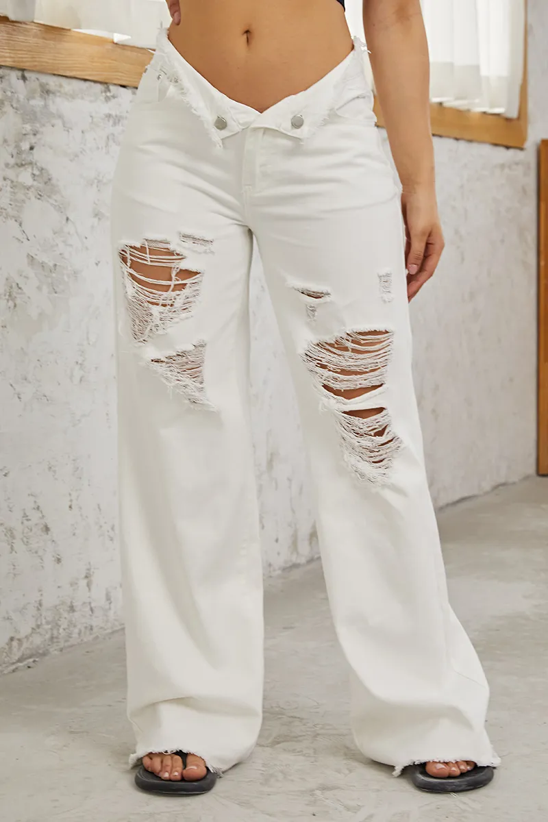 Mid Waist Ripped Raw Hem Flare Jeans