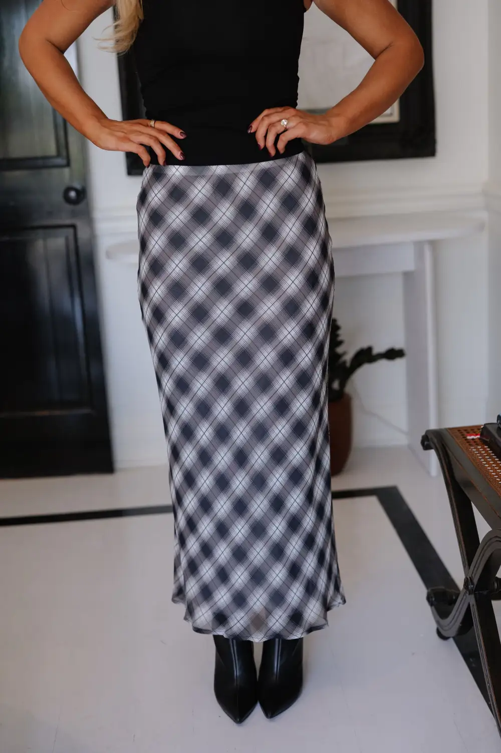 Plaid Chiffon High Rise Midi Skirt