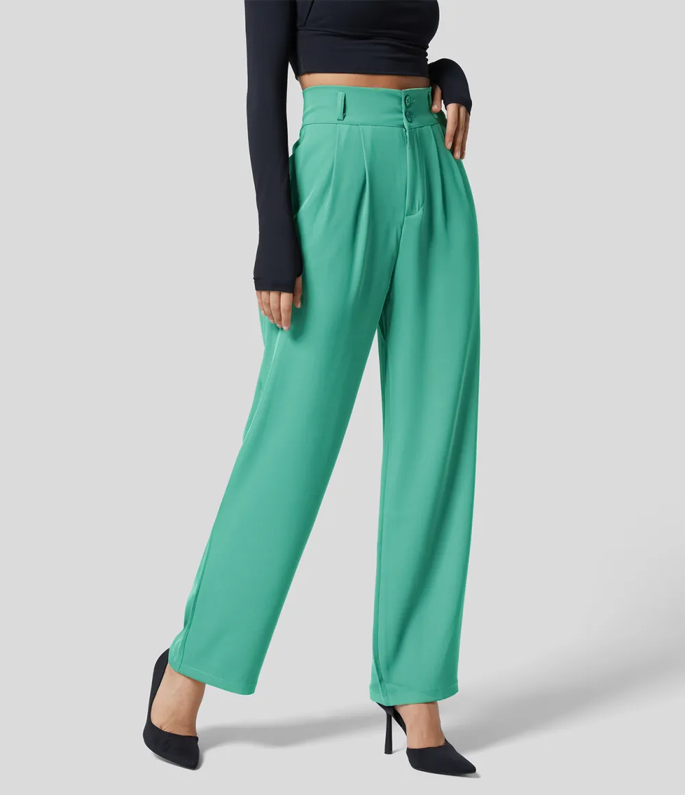 High Waisted Button Zipper Plicated Side Pocket Shirred Straight Leg Work Pants