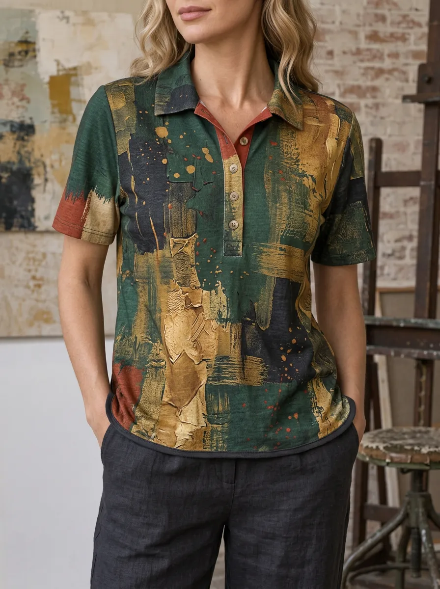 Women's Abstract Art Lover Green Gold Painted Printed Polo Shirt