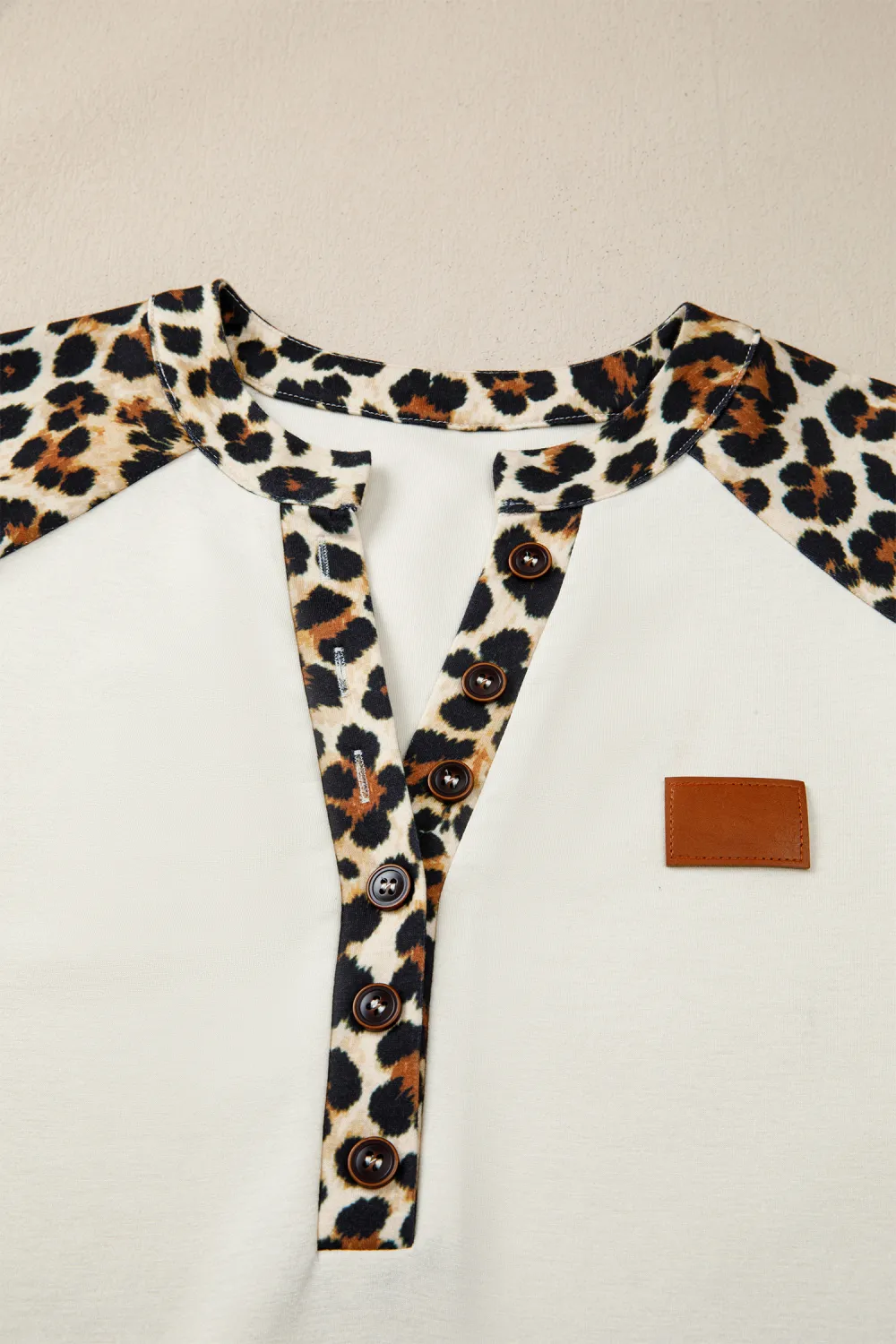 Beige Leopard Patchwork Half Button Top