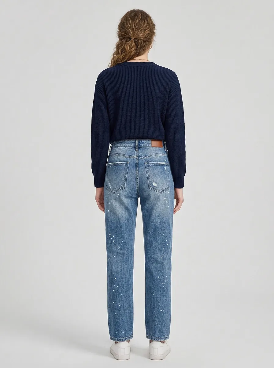 Women's Modern Casual Streetwear Distressed Paint Splatter Straight Jeans
