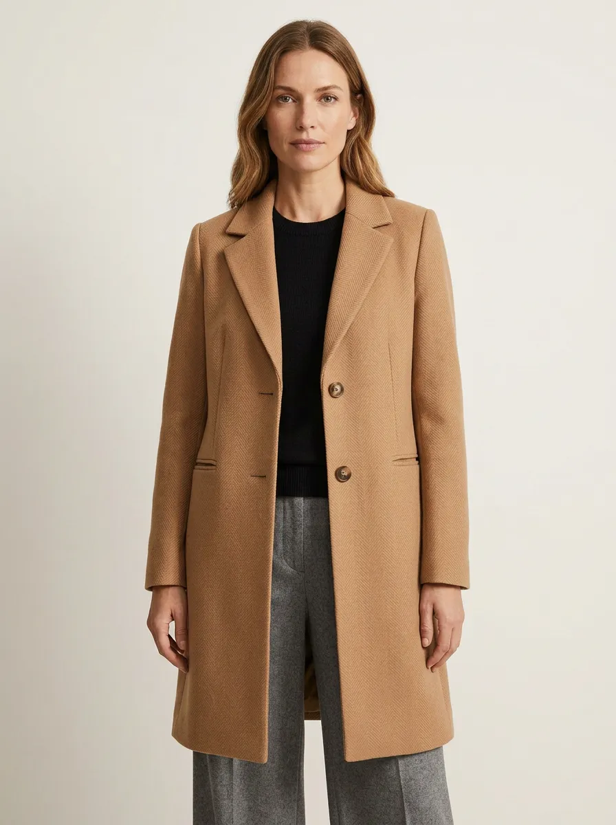 Women's Classic Minimalist Camel Herringbone Patterned Coat