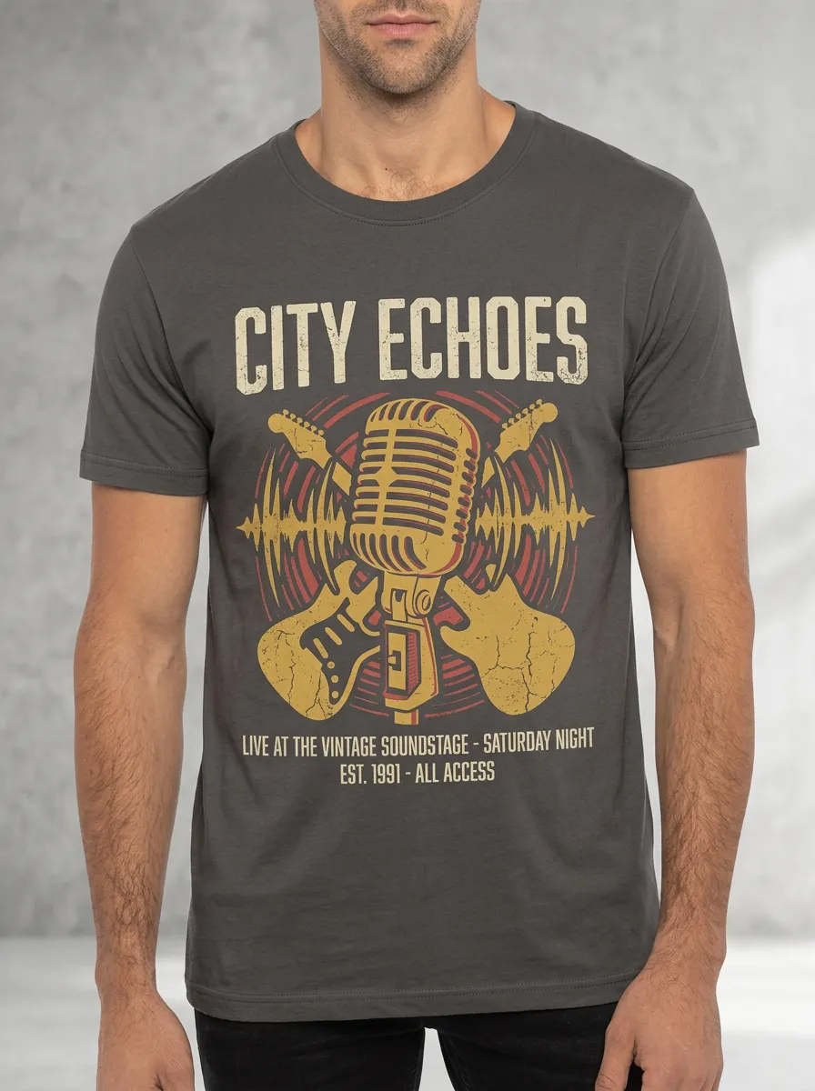 Men's Music Lover City Echoes Vintage Microphone Guitar Printed T-shirt