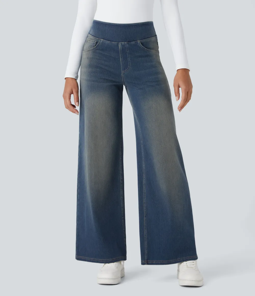 2026🔥  High Waisted Multiple Pockets Baggy Wide Leg Washed Stretchy Knit Casual Jeans