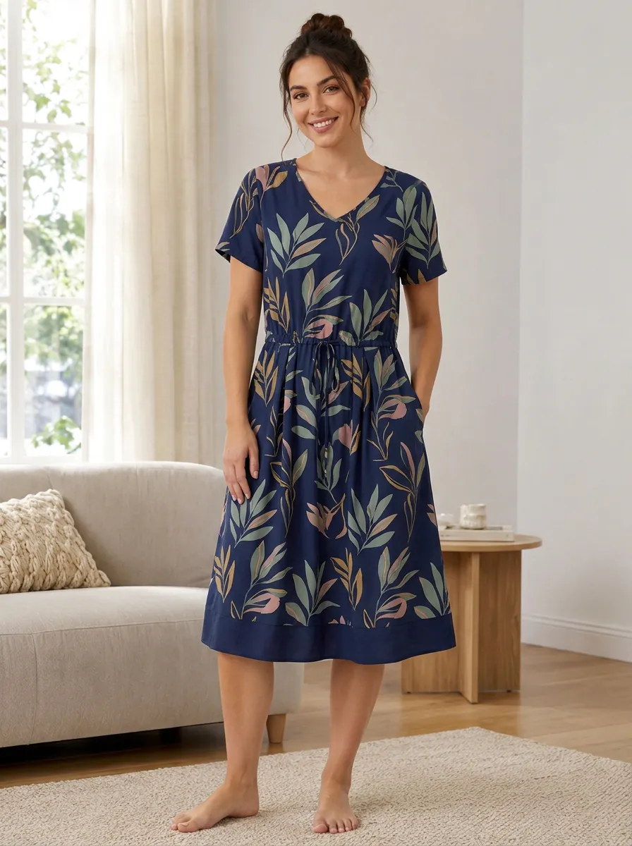 Women's Botanical Nature-Inspired Tropical Leaf Midi-Length Midi Dress