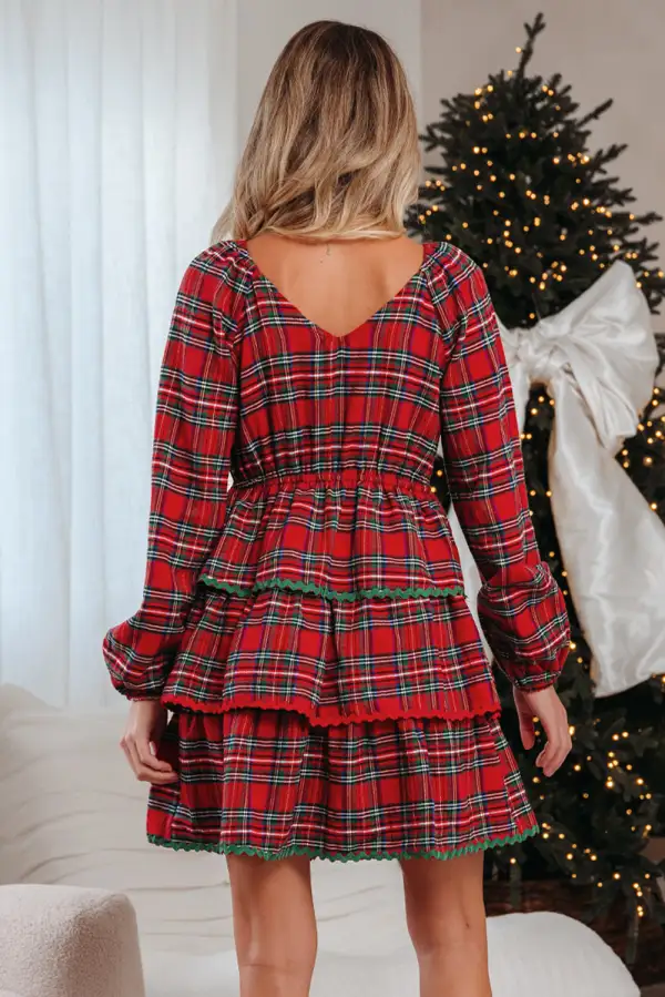Women's Plaid Printed Puff Sleeve Tiered Mini Dress