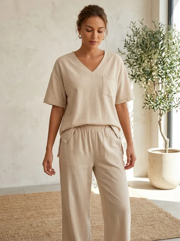 Pocket Women's V-Neck Casual Lounge Set