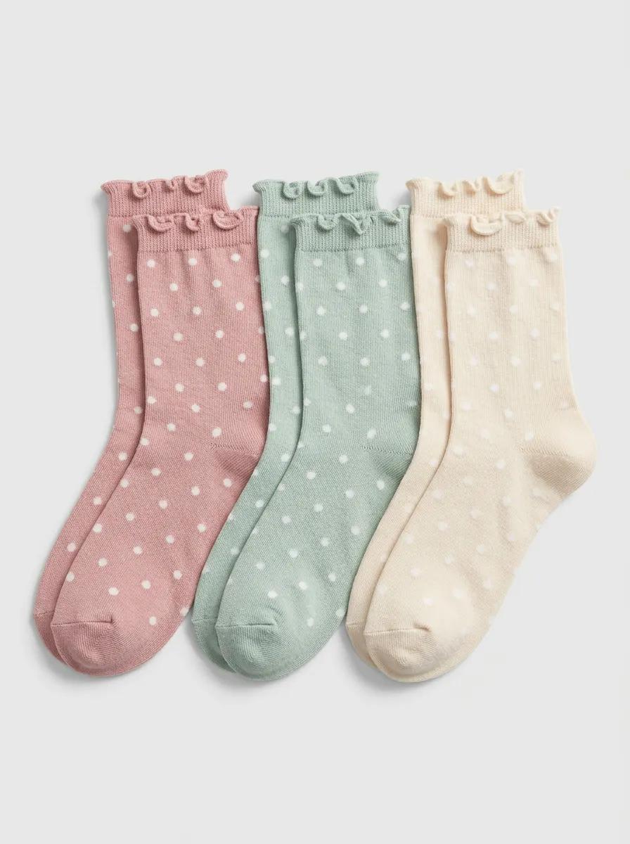 Women's Multicolor Polka Dot Ruffle-Trim Crew Pastel Socks 3-Pack