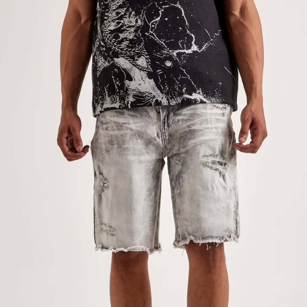 Textured Distressed Denim Shorts