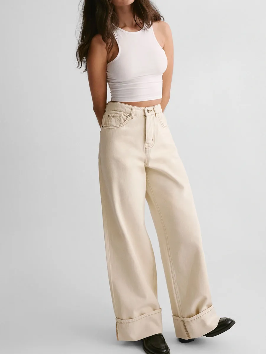 Women's Cream Wide-Leg Cuffed Jeans