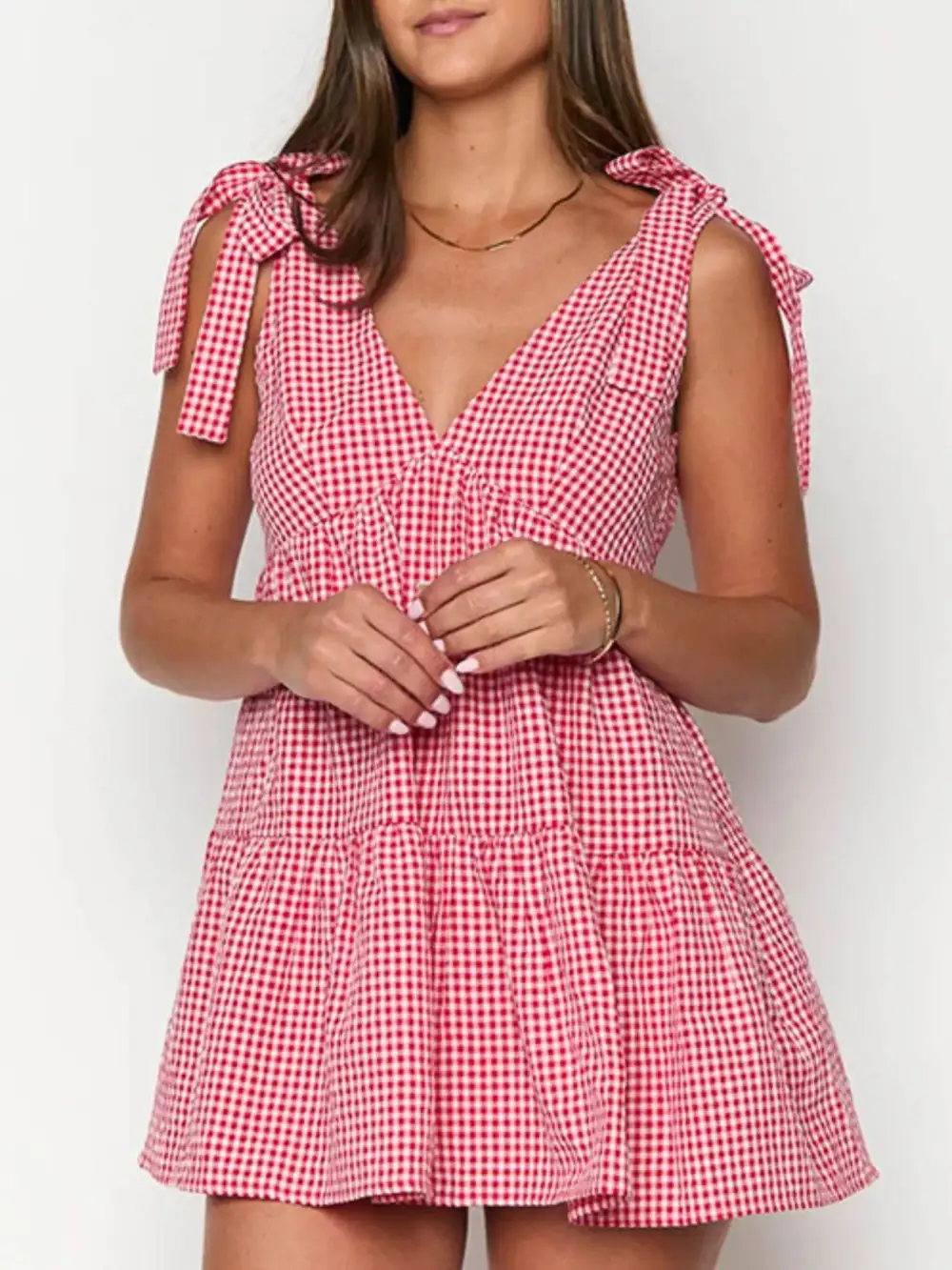 Gingham Tie-Shoulder Mini Dress