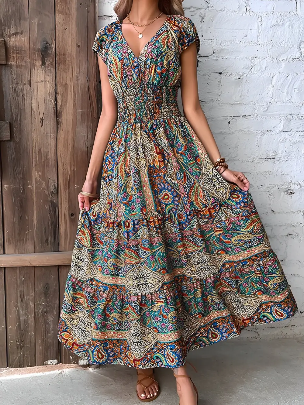 V-Neck High-Waist Maxi Dress