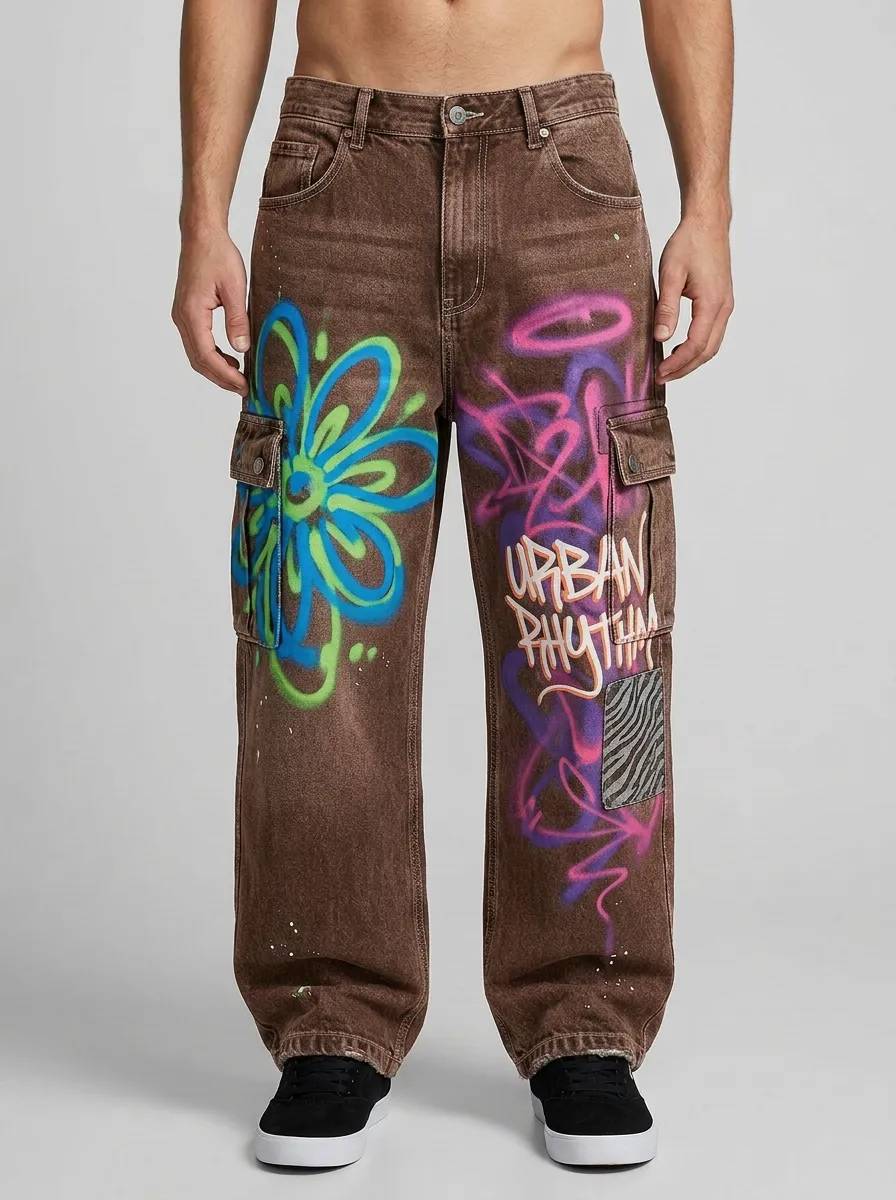 Men's Streetwear Graffiti Flower Urban Rhythm Printed Cargo Jeans