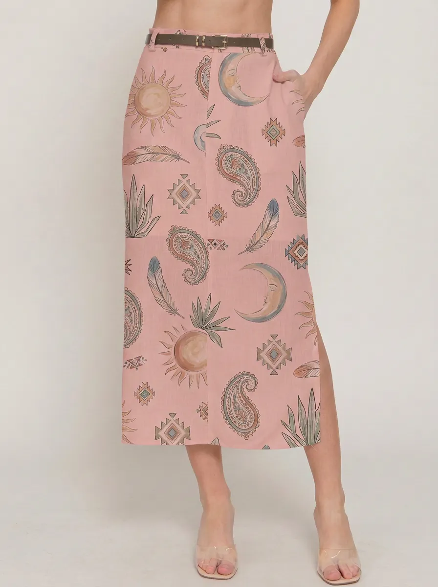 Women's Boho Celestial Sun Moon Feather Paisley Printed Skirt