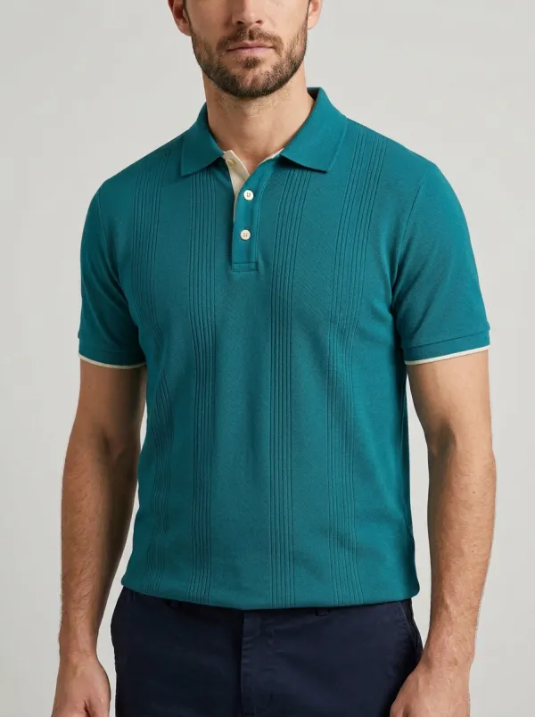 Men's Green Vertical Ribbed Knit Contrast Trim Polo Shirt
