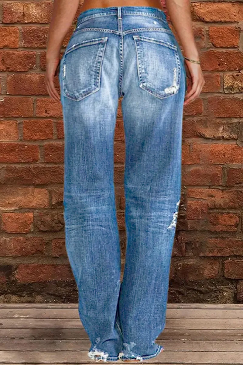 Ripped Low Waist Straight Leg Jeans