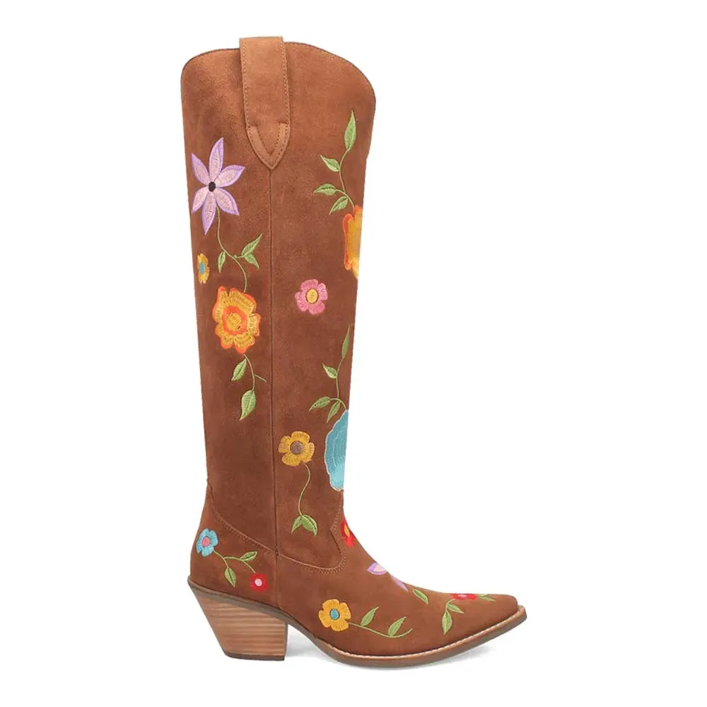 Faux-Suede Embroidered Floral Snip-Toe Over-the-Knee Boots