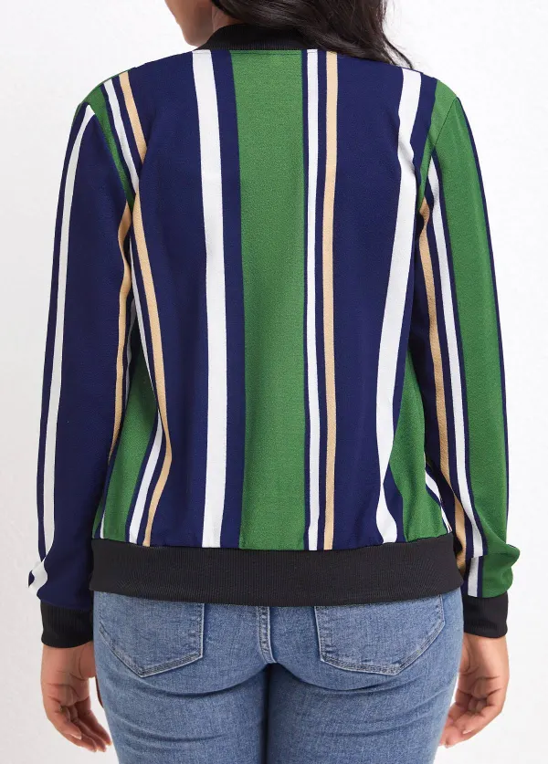 Green Pocket Multi Stripe Print Long Sleeve Coat